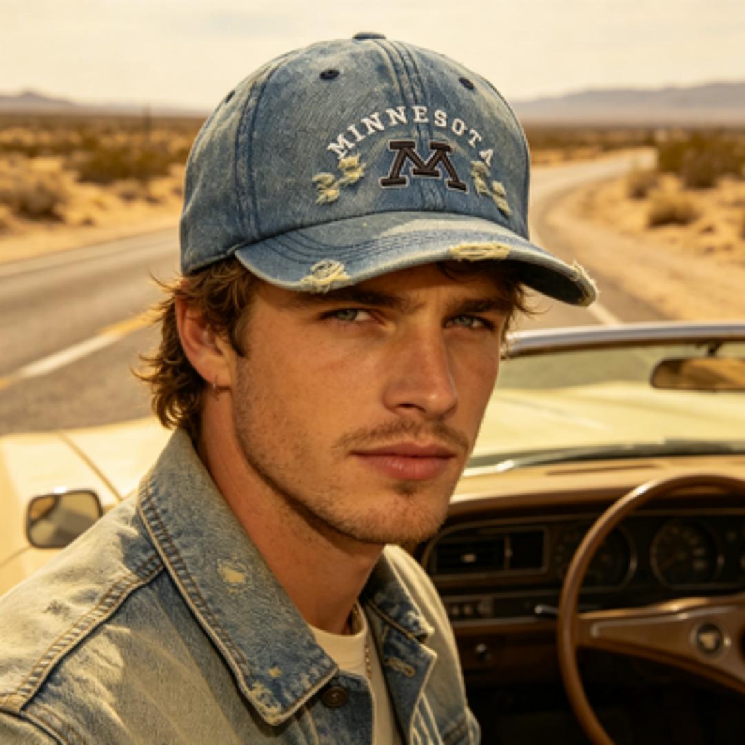 Yiran Dayang Hat Women's Vintage Distressed Minnesota M Embroidered Denim Baseball Cap Washed Adjustable Dad Hat For Men Cm