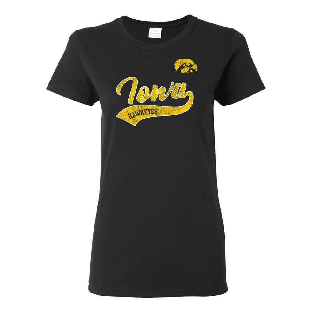 Iowa Hawkeyes Tail Script, Team Color Womens T Shirt - Black