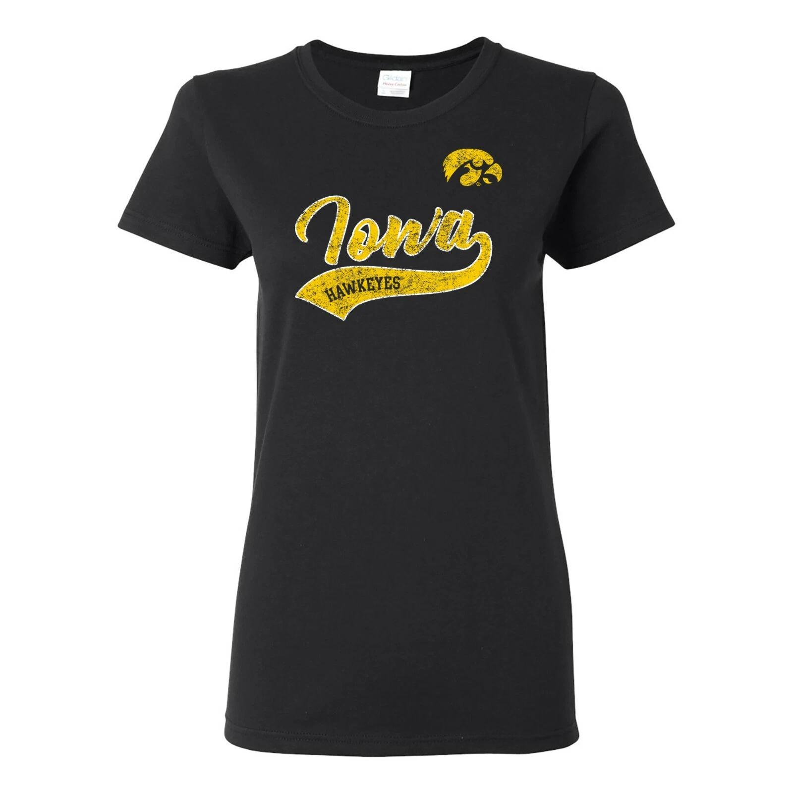 Iowa Hawkeyes Tail Script, Team Color Womens T Shirt - Black S