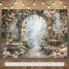 2D Magical Misty Garden Backdrop, Stone Gate with Roses & Water Fountain Photo Banner for Events