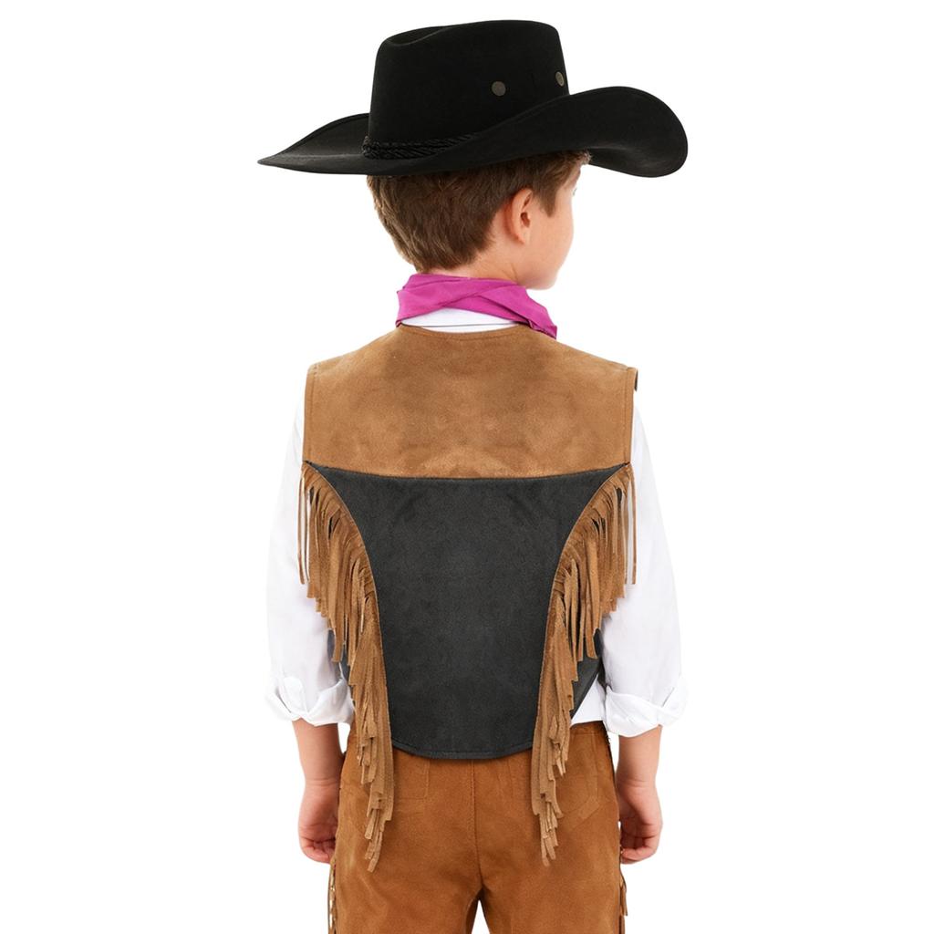 Costume da Cowgirl Western per Bambini Set Gilet Frangiato Bordatura in Nastro Dorato Bottoni a Pressione Cappello a Tesa Larga Bandana Outfit