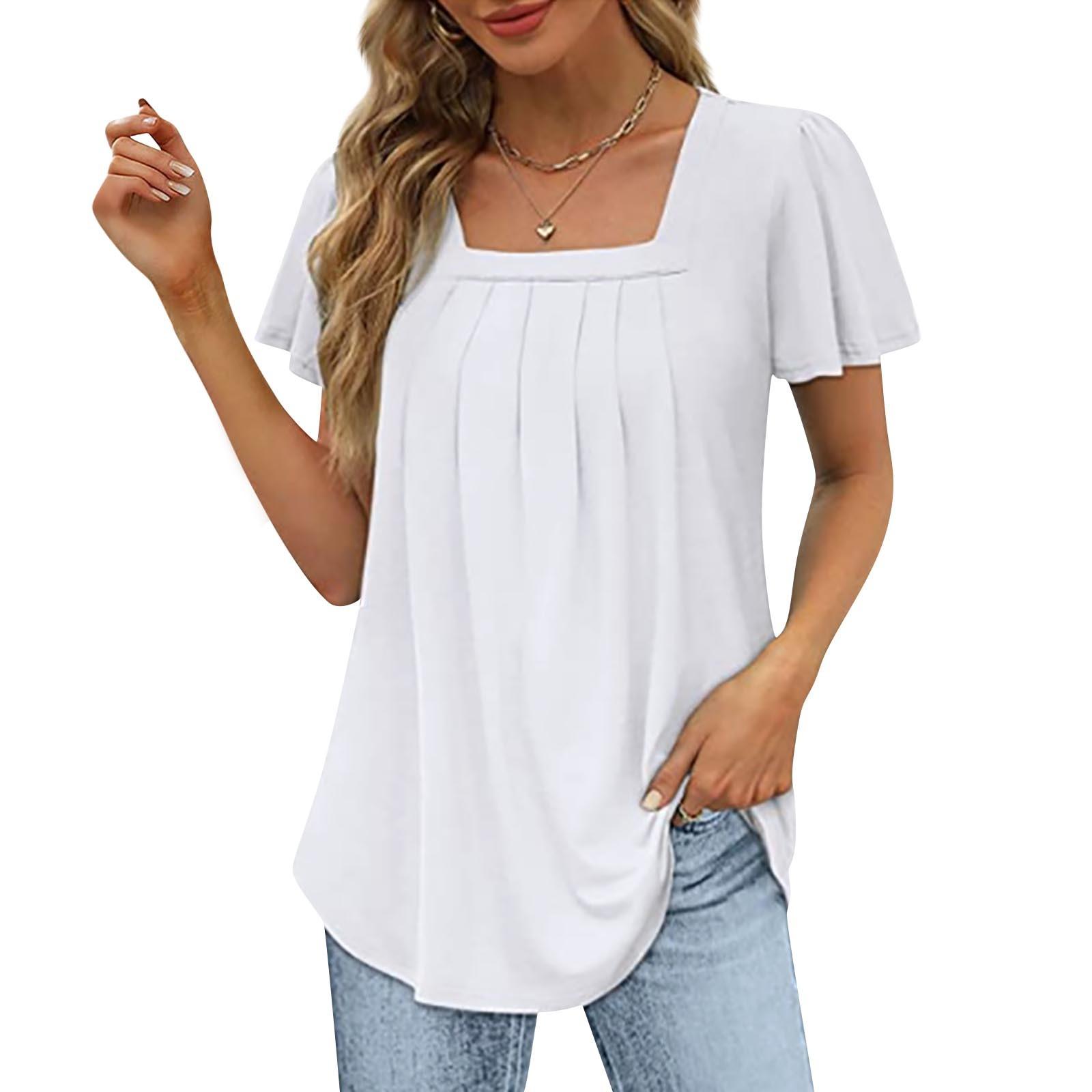 

Жіночий однотонний дихаючий топ з квадратним вирізом і короткими рукавами з рюшами XL білий