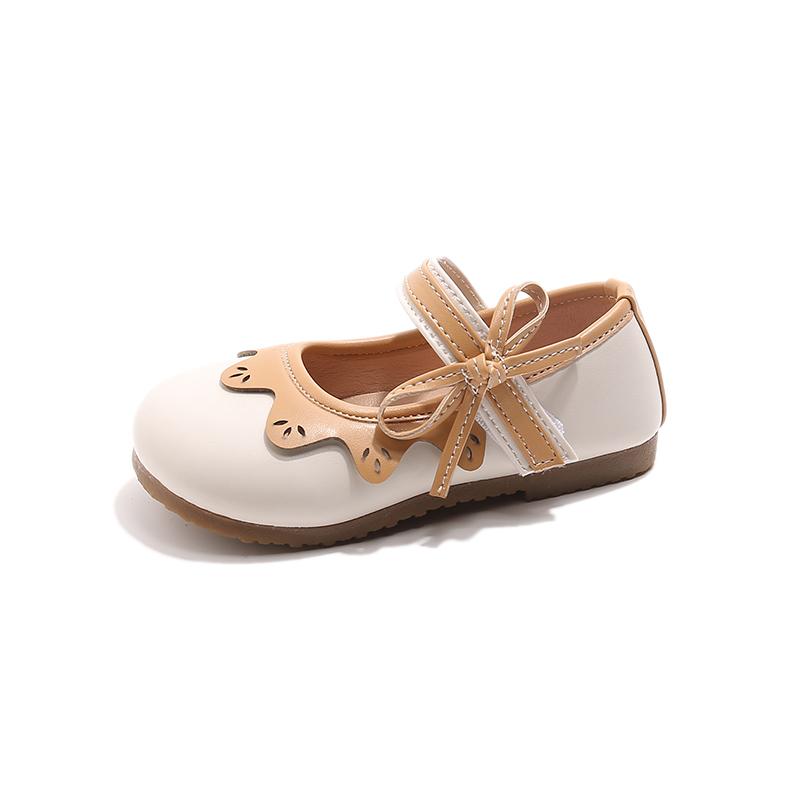 Kids Leather Shoes Round Toes Non-slip Girls Flat Shoes Soft Sole Ins Trendy 2025 New Children Flat Shoes Side Bows Sweet Cute