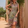 Women's Ethnic Style Printed Dress Elegant Sleeveless V-neck Knee-length Dress