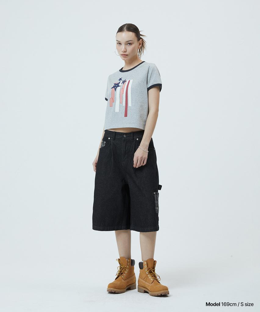 MAHAGRID Flag Applique Ringer Crop Tee Gray(Mg2Gmft513A)