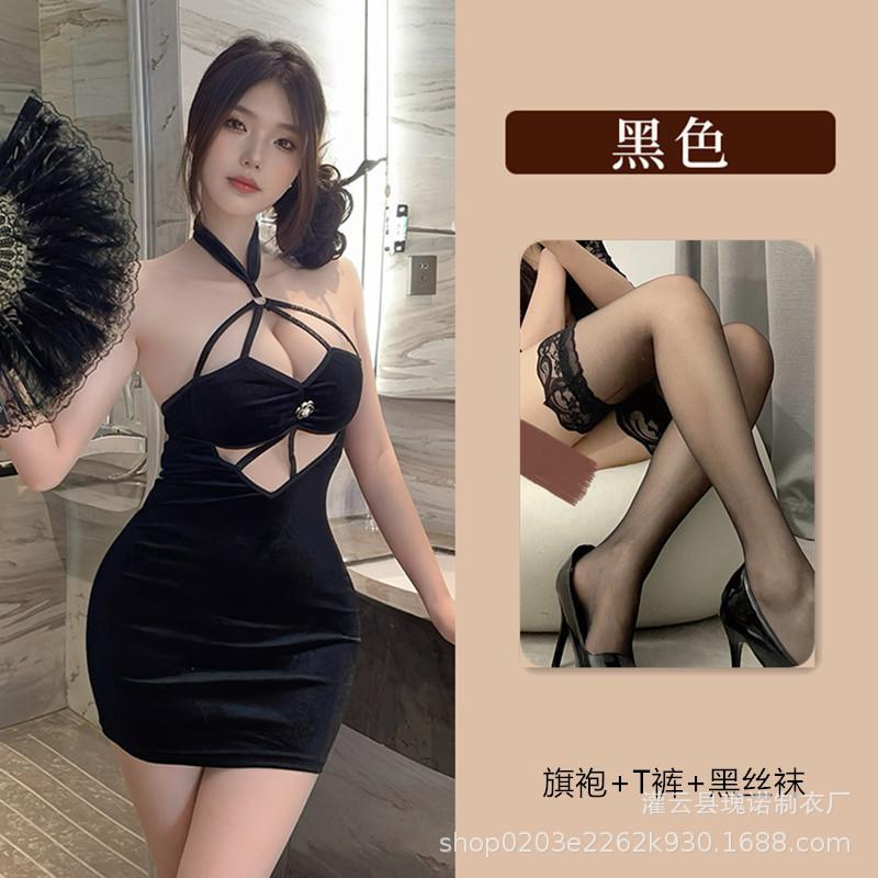 Sexy neck-hanging sex cheongsam large-scale free cheongsam flirting sex nightclub hottie tight hip-wrapped skirt