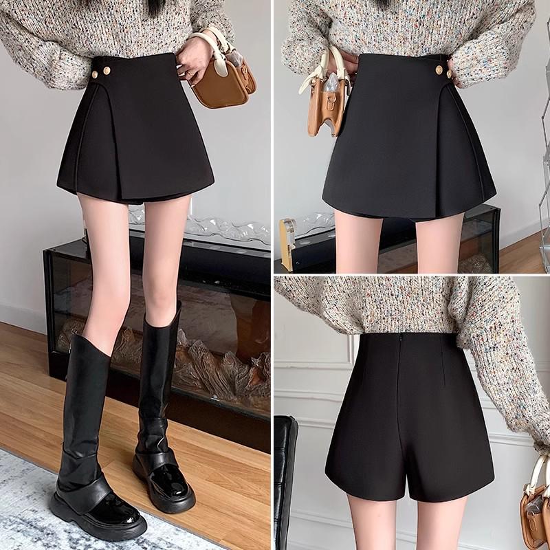 Petite Women's High-Waisted A-Line Black Culottes - Autumn Two-Piece Bootcut Shorts Suit