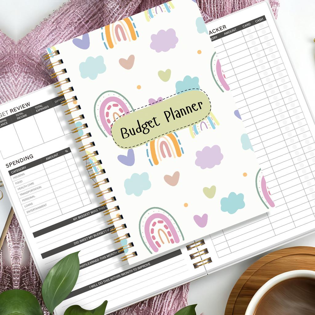 1PC A5 Budget Planner Book with Pastel Rainbow Design, Monthly Expense Tracker, Spiral Binding, Thick No-Bleed Pages