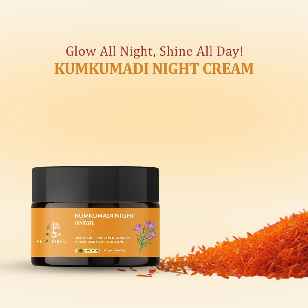 Crema da Notte Kumkumadi 24k per una pelle luminosa | Schiarente per la pelle | Arricchita con Zafferano, Curcuma, Olio di Sandalo & Manjistha | 50g