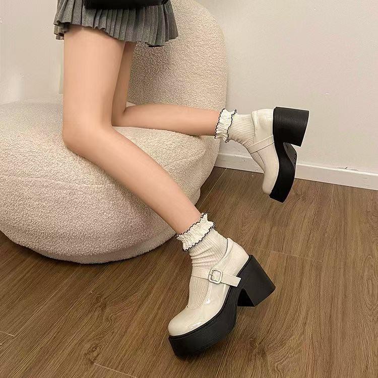 Coarse Heel High Heel Small Leather Shoes Jk Single Shoes 2025 Spring and Autumn New Thick Sole Heightening French Mary Jane Women's Shoes