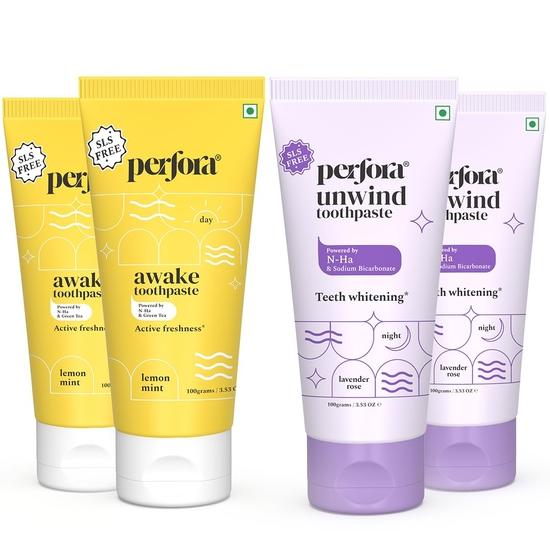 

Perfora The Daily Routine Пробуждение и Расслабление Зубная паста | Активная свежесть Предотвращение кариеса | Зубные пасты без SLS и фтора с n-Ha| Набор из 4