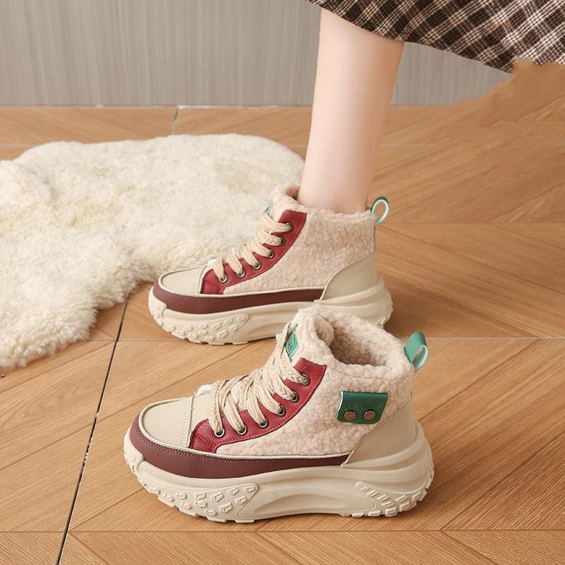 Women's Winter Fashion Casual Trend With Plush Insulation High Top And Height Increasing White Shoes
