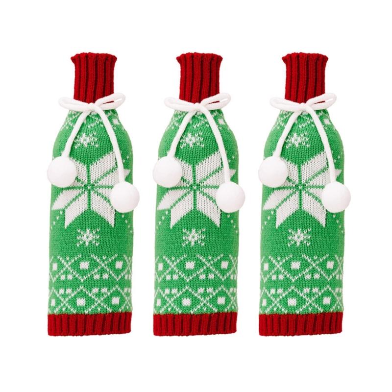 3Piece Festival Snowflake Knits Wine Bottle Sleeves Wine Bottle Cover For Christmas Celebration Festival Wine Dress