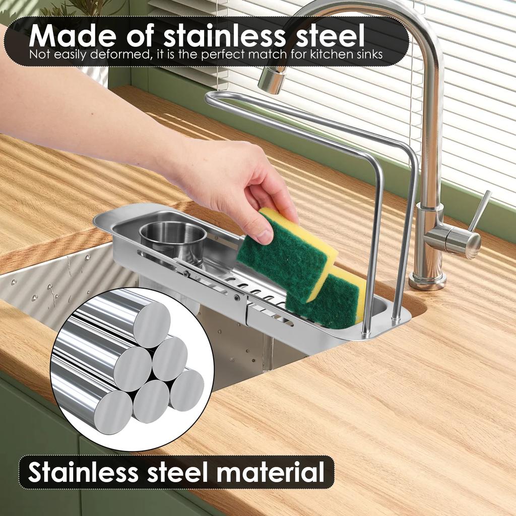 Telescopic Sink Storage Rack Stainless Steel Kitchen Dish Sponge Holder Towel Hanger Drain Basket Filter Bathroom Organizer