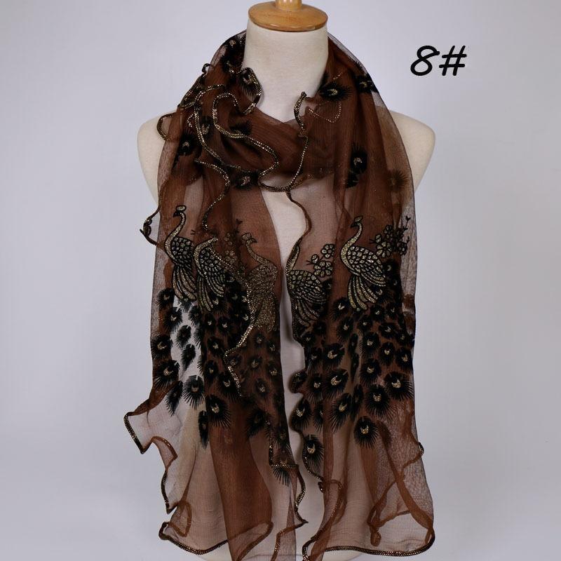 

Женский шарф из кружева с вышивкой в виде павлиньих перьев, длинный мягкий шарф-шаль кофейный