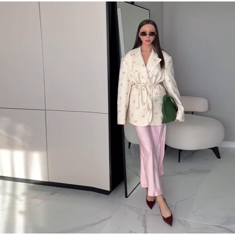 Women's Spring/summer 2025 New Fashion Printing Loose Suit Collar Lace-up Waist Suit Jacket