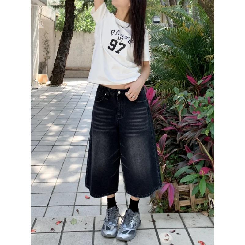Harajuku Vintage Vysoký pas Černé Retro Prané džínové šortky Dámská móda Ležérní Volný střih Y2K Streetwear Středně dlouhé Krátké