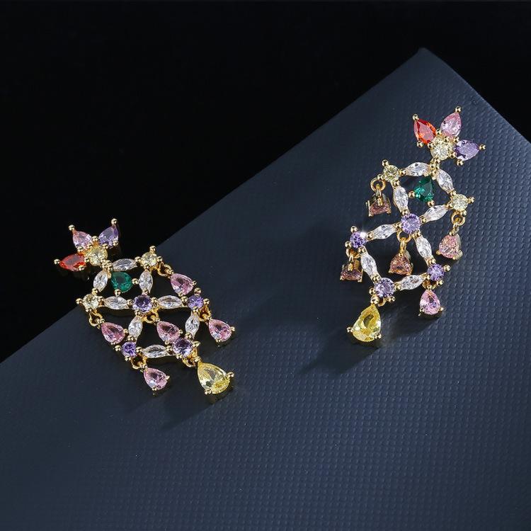 Color Flower Earrings Popular With Copper Micro-Inlaid Zircon Women'S Flower Stud Earrings