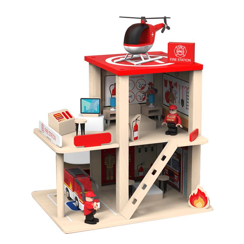 Wooden Train Track Accessories Children's Inertial Hand Sliding Toy Car Track Lift Police Fire Compatible Wood Track Gift PD84