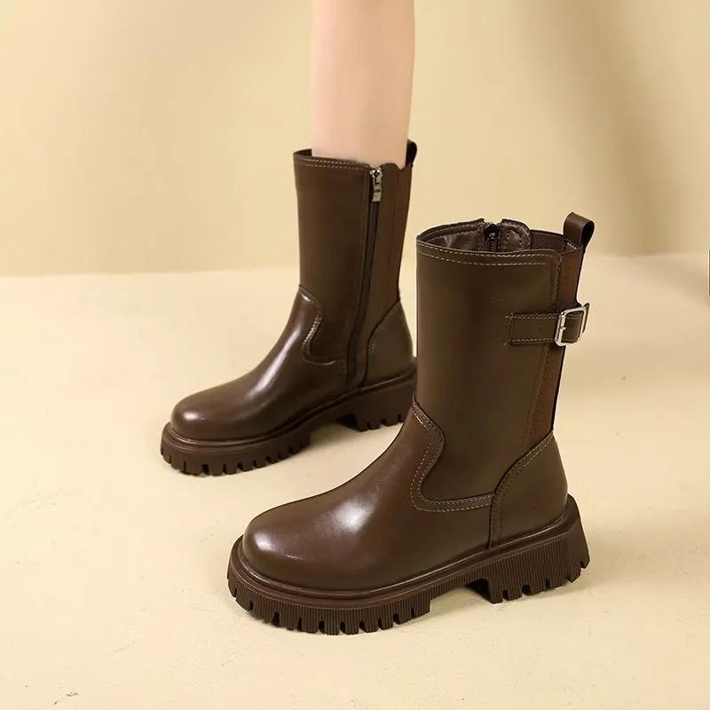 Autumn Winter Women's Chelsea Boots Belt Buckle Side Zippers Female Mid Calf Booties