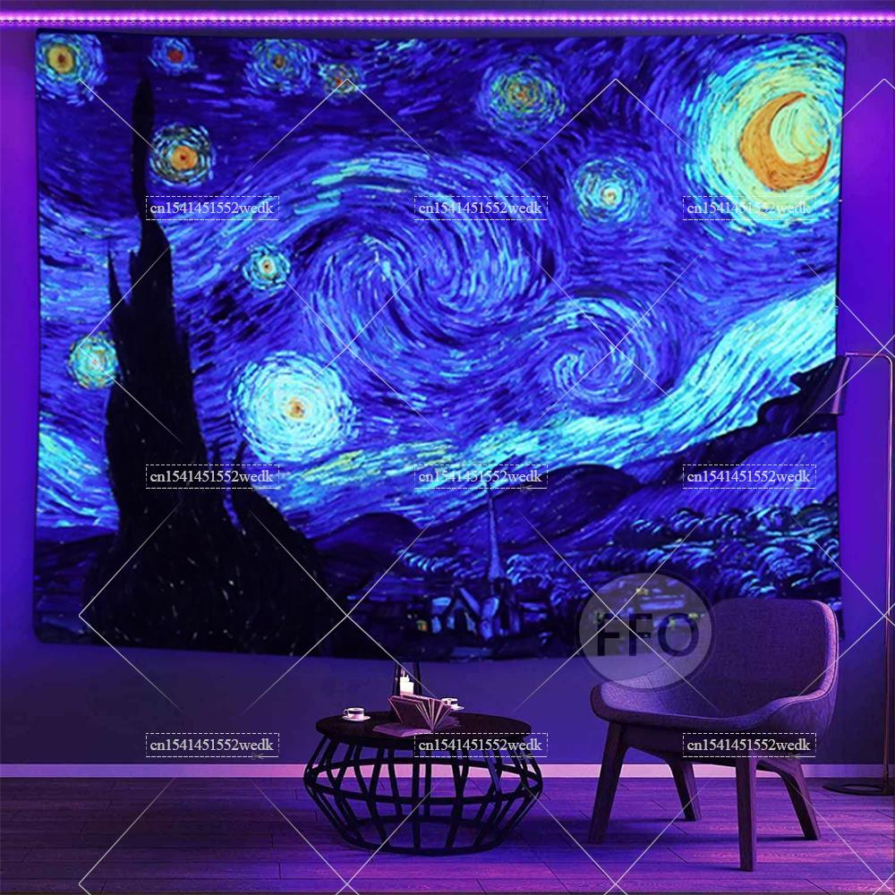 Blacklight Tapestry Starry Night Van Gogh Wall Art Decor Glow In The Dark Oil Painting Fluorescent Tapestry Uv Reactive Poster 100X70CM