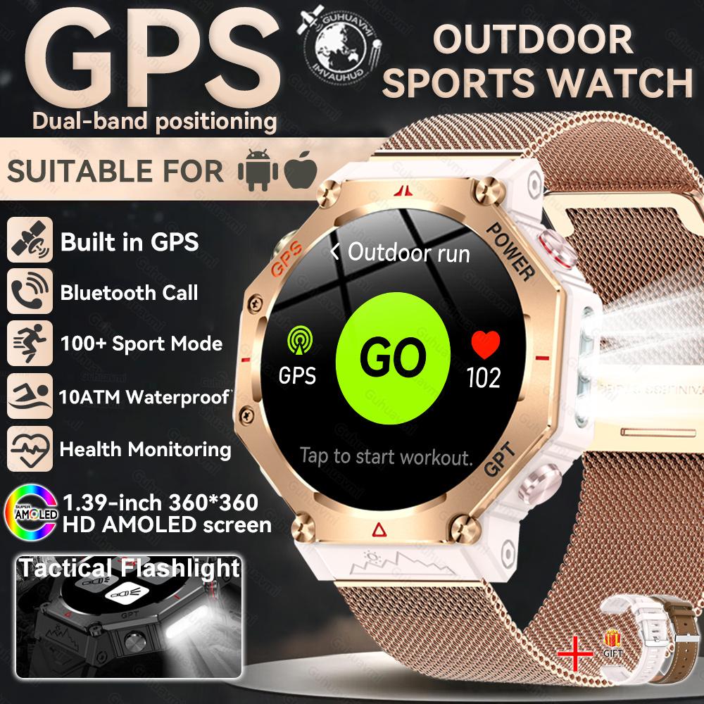New Bulit-in GPS Outdoor Smart Watch Men Flashlight compass BT call Heart rate 10ATM Waterproof  Sports Smart watch