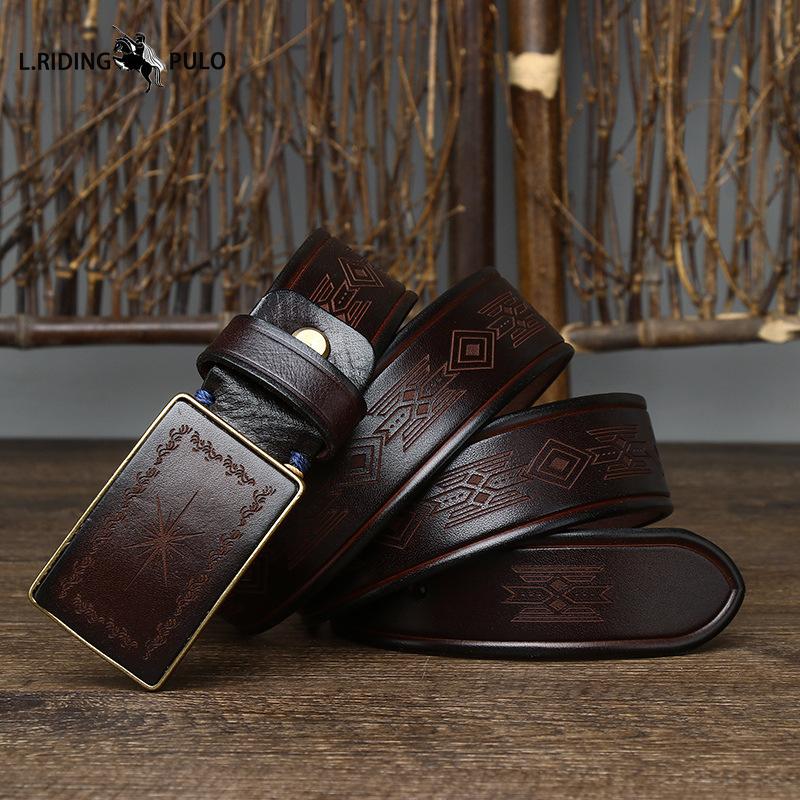 Retro Carved Pattern Trendy Handmade Smooth Buckle Belt Men's Buckle Genuine Leather Pure Cowhide Denim Belt