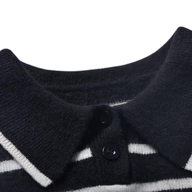Fanzhen Women's 100% Wool Striped Turn-down Collar Knit Sweater