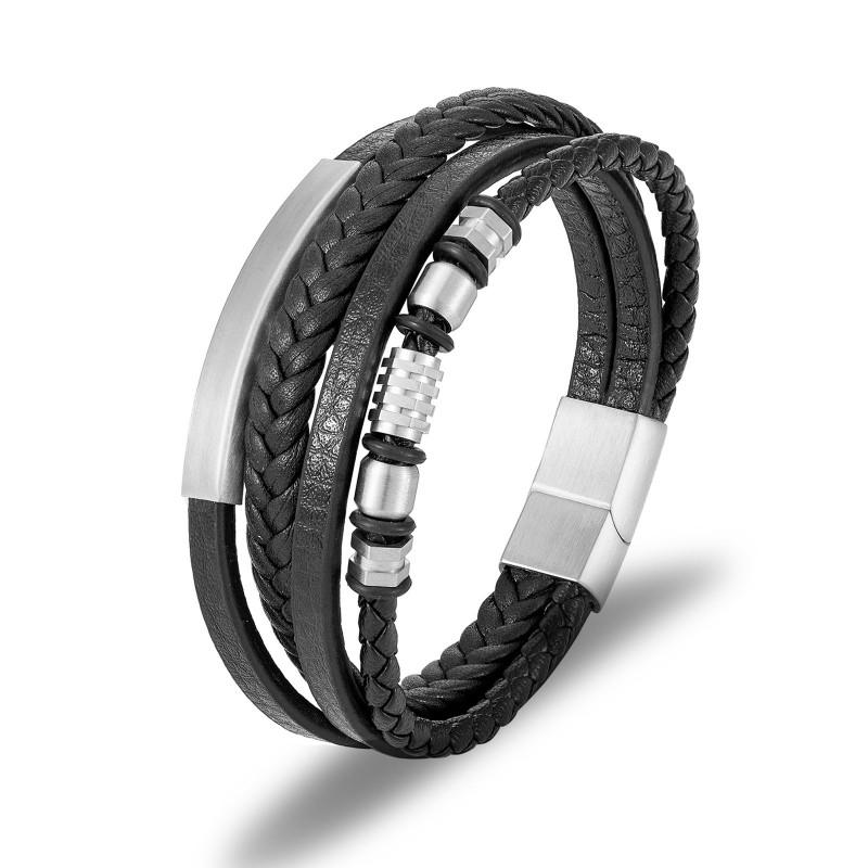 Stainless Steel Mens Braided Leather Wrap Bracelet Geometric Design Cycling Safety Accessory