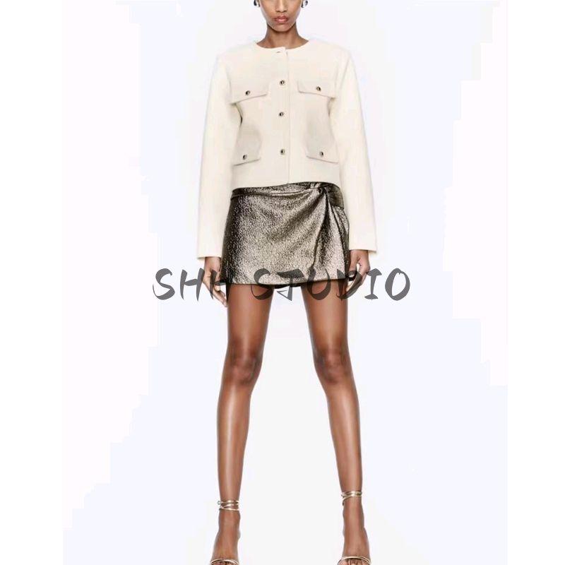 Summer New Product Women's Clothes French Style Classic Style round Neck Long Sleeves Flip Decoration Short Jacket 3046278