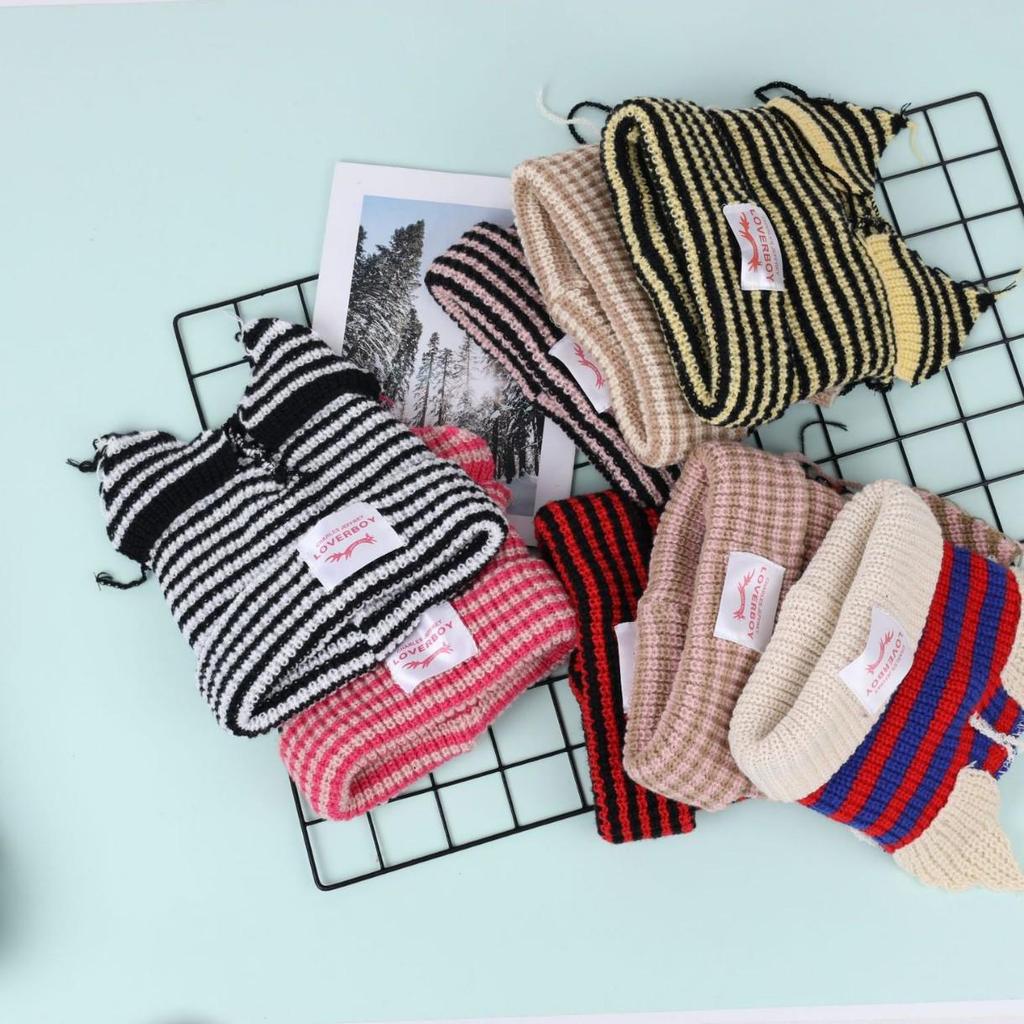 Striped Cat Ear Knit Wool Hat: Autumn/Winter Fashion for Couples