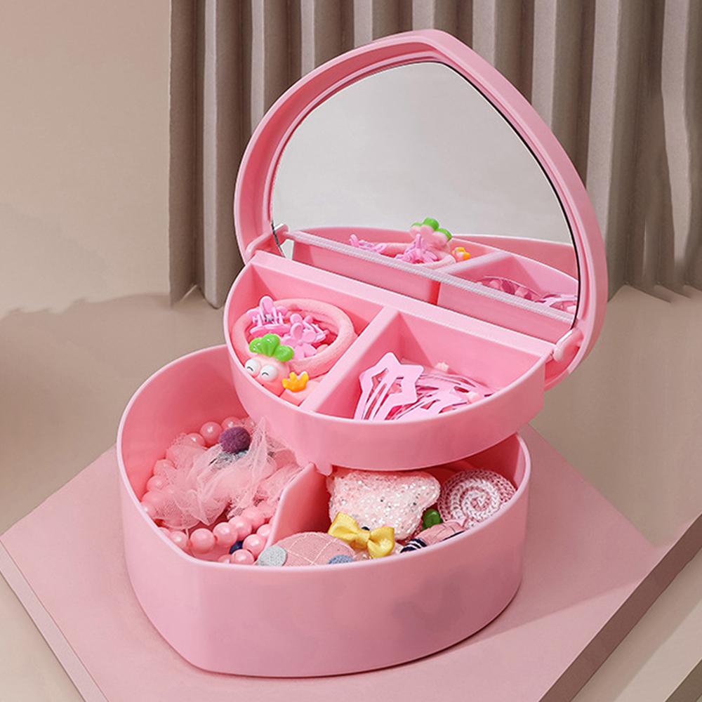 Pink Heart Shaped Double Layer Makeup Jewelry Storage Box Desktop Organizer with Mirror for Students Dormitory Accessories