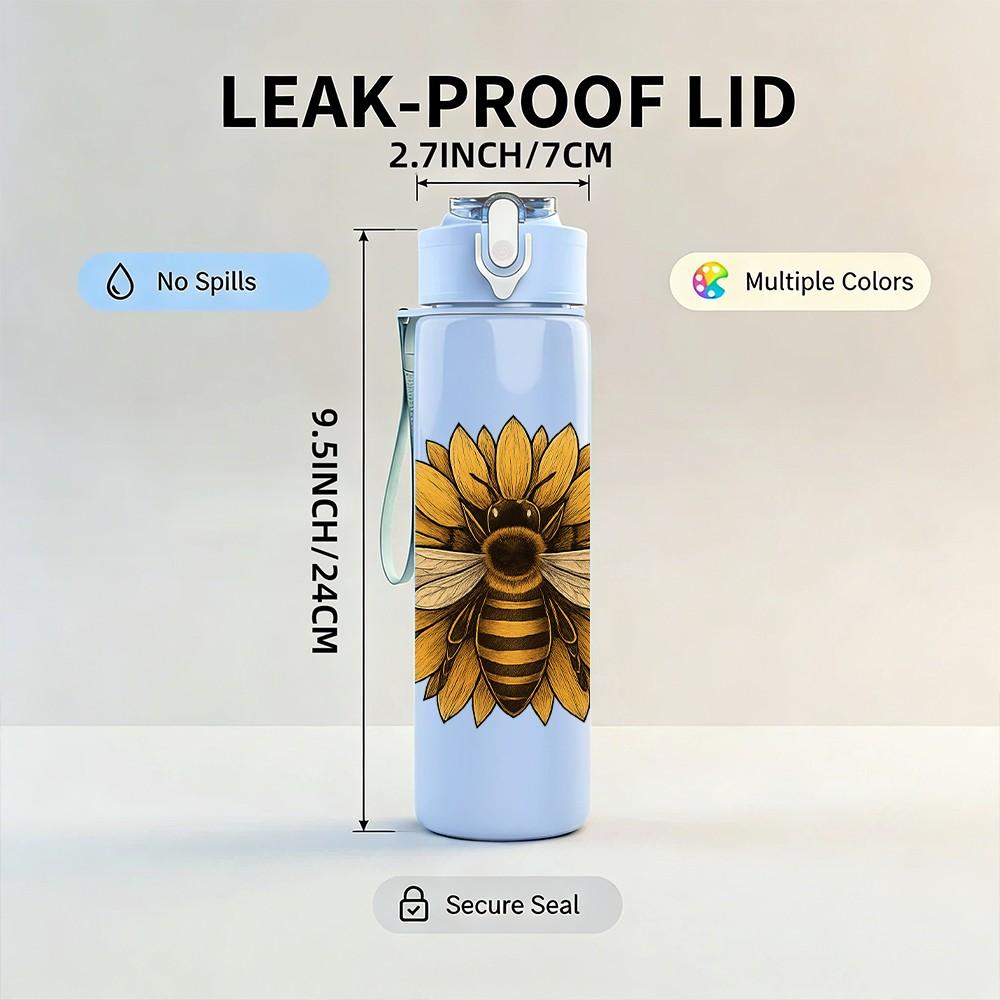 1PC Sunflower Bee Insect Pattern 750ml Color Plastic Sports Water Bottle Leakproof Flip Straw Lid Suitable for Sports Office Home Use