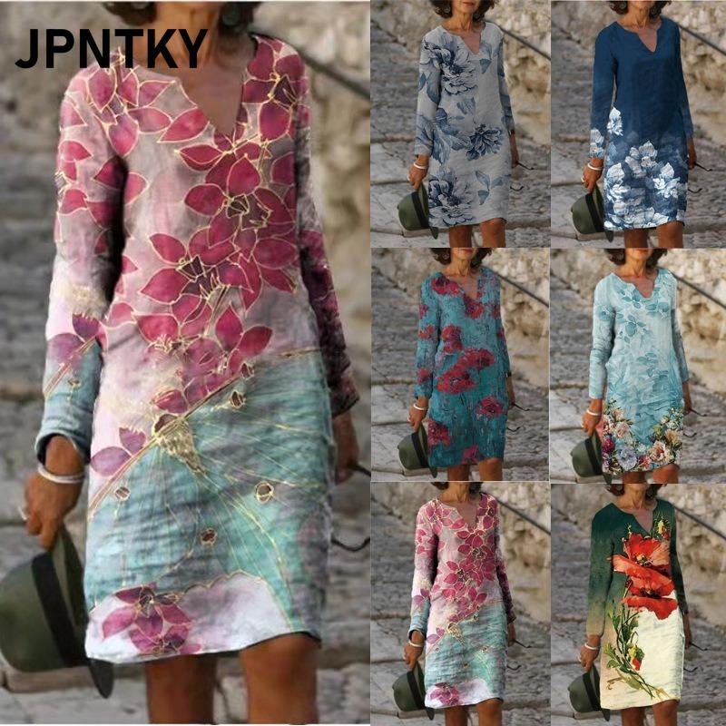JPNTKY Moda Autunno Inverno Manica Lunga Scollo a V Abiti Casual