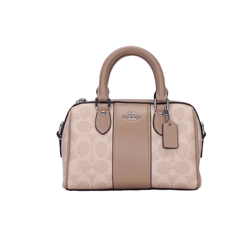 COACH Rowan 18 brand logo zipper closure, artificial leather, crossbody shoulder handbag, small size, women's milk tea color