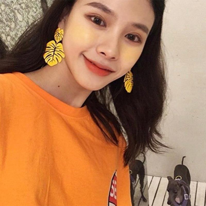 New Exaggerated Bohemia Colorful Metal Hollow Double Leaves Coconut Palm Leaf Big Beach Earrings For Women Girl Large Earrings