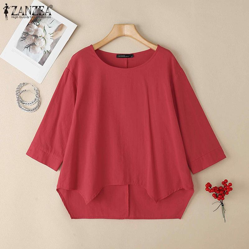 ZANZEA Women Casual Round Neck Loose 3/4 Sleeve Blouse