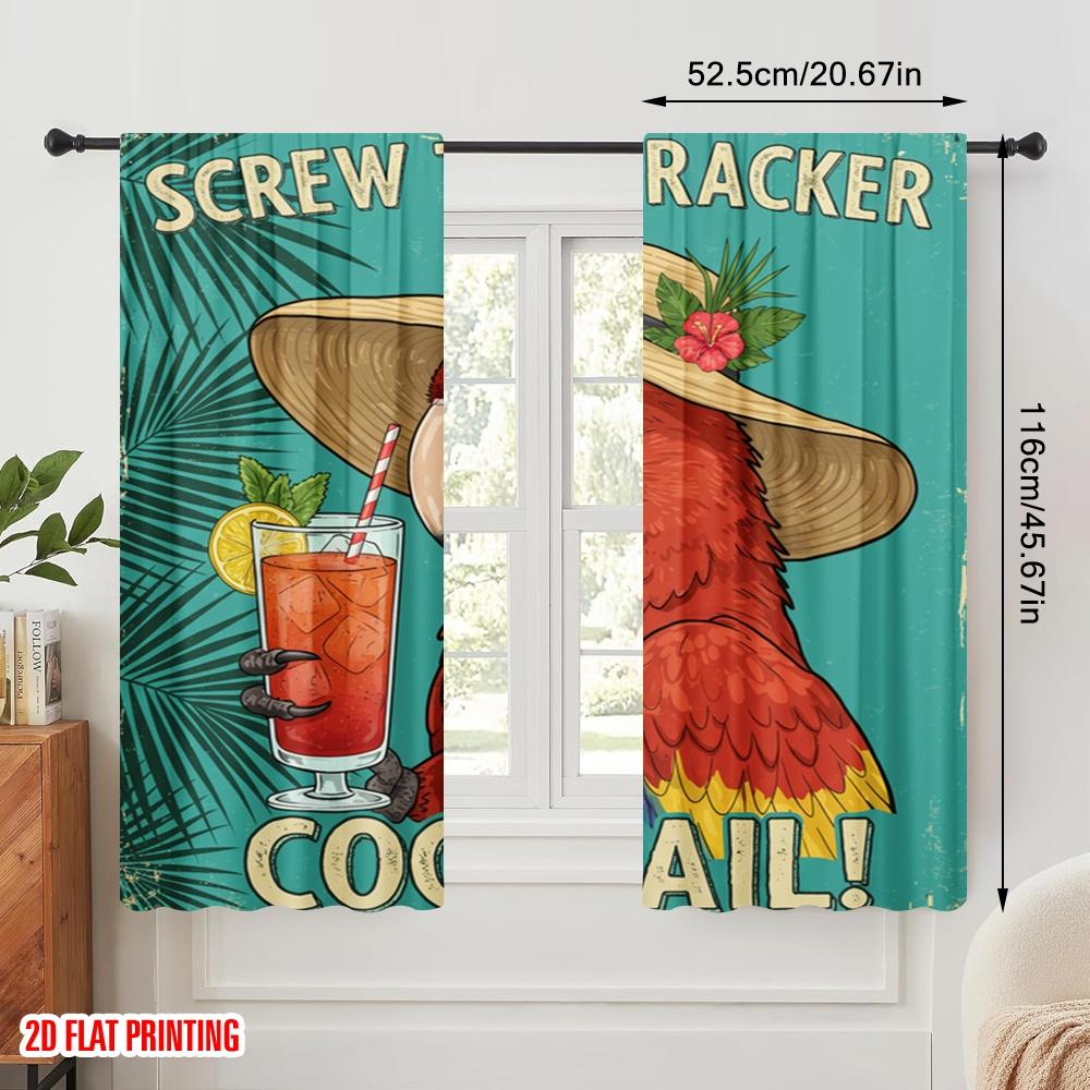 2pcs 2D Flat Printing Scene Curtains Polly Parrot Cocktail Tropical 100% Polyester Without Electricity Birthday Party Perfect