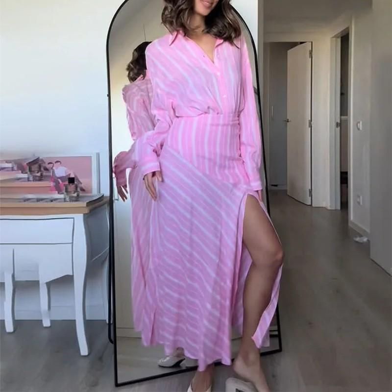 2026 Womens Elegant Striped Collar Shirt Split Hem Maxi Skirt Set - Lightweight Comfortable Office Casual Ensemble