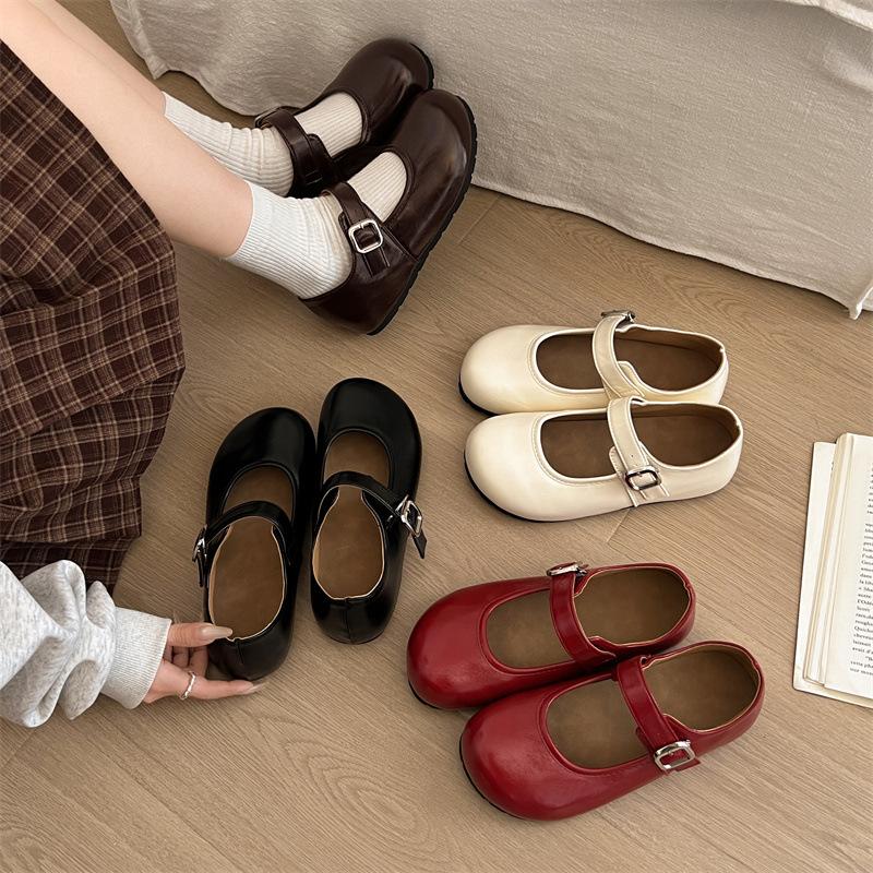 Red French Inner Height Increase Mary Jane Single Shoes Women's 2025 New Summer Versatile Round Head Shallow Mouth Soft Sole Beanie Shoes