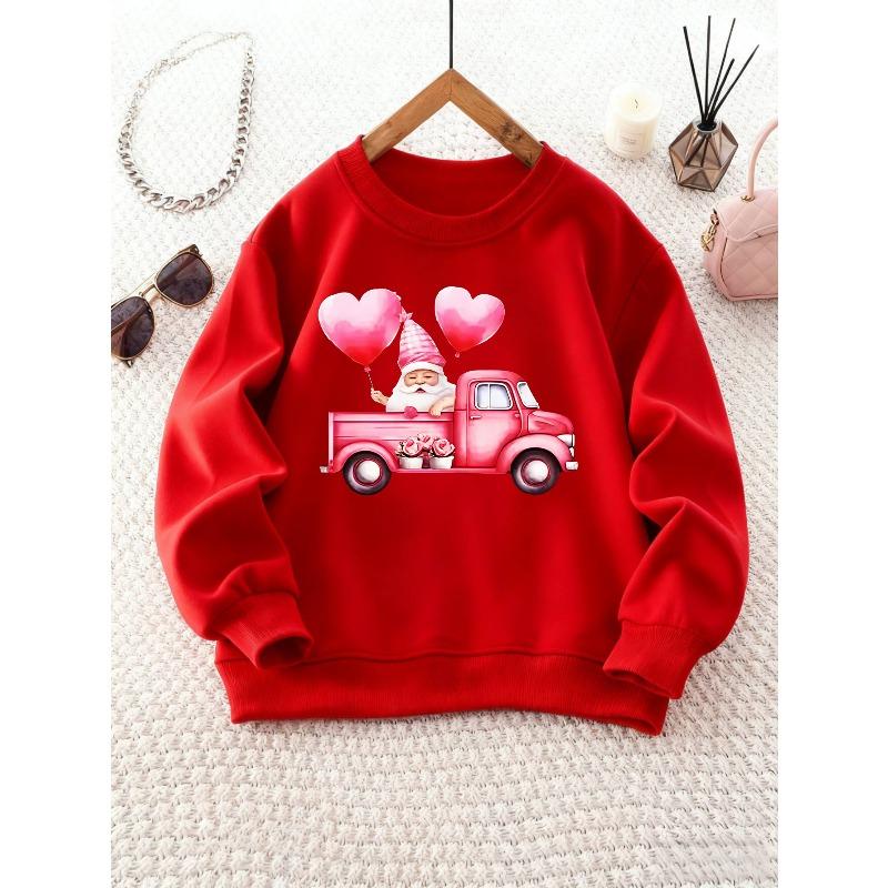 Round Neck Sweatshirt with Cartoon Dwarf, Truck, Heart, and Balloon Print, Suitable for Parties and Weekend Outings 110