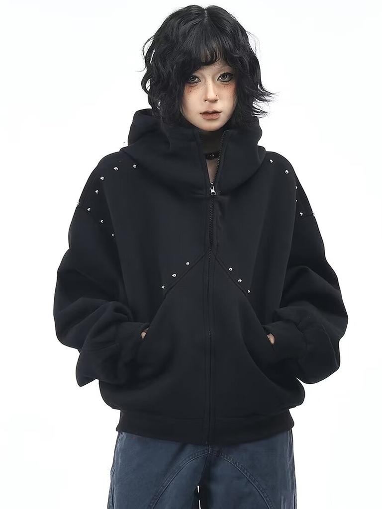 Damen Baggy Kapuzenpullover Niet-Spleißmantel Reißverschluss Strickjacke Jacke Harajuku Kleidung Herbst Winter