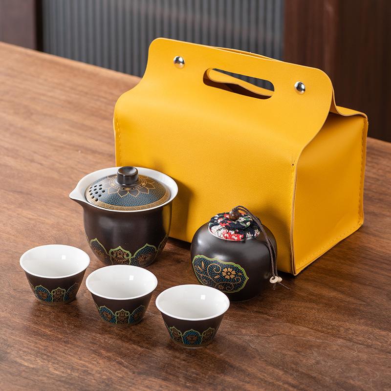 High-end Guochao travel tea set, household high-end business gifts, light luxury, a pot of three cups, commemorative souvenir gifts