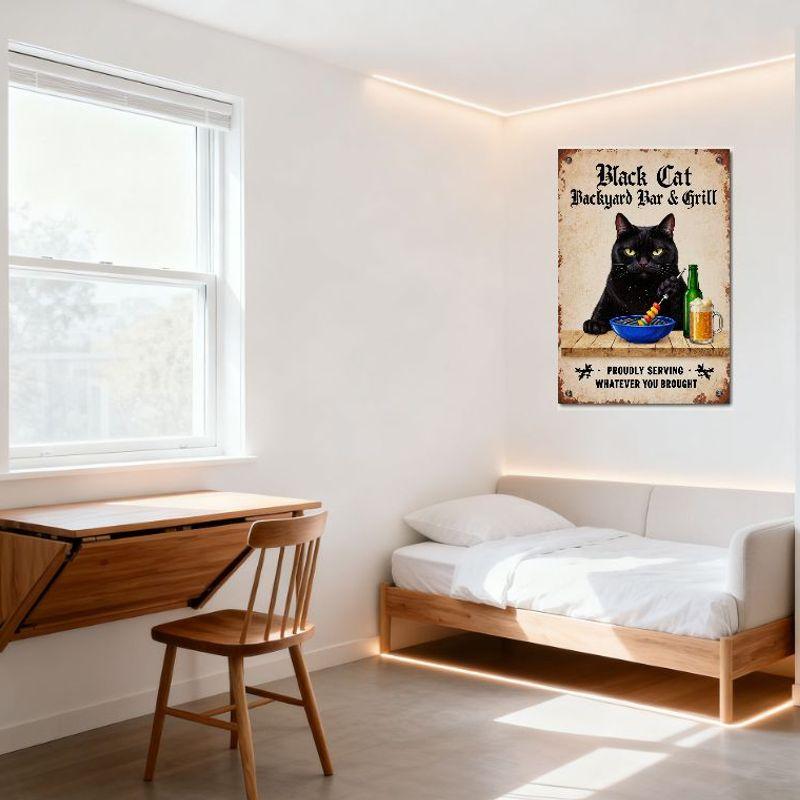 Vintage Black Cat Backyard Bar & Grill Metal Sign Rustic Wall Decor with Food Skewer Beer Bowl Design for Home Bar Pub Cafe 8x12