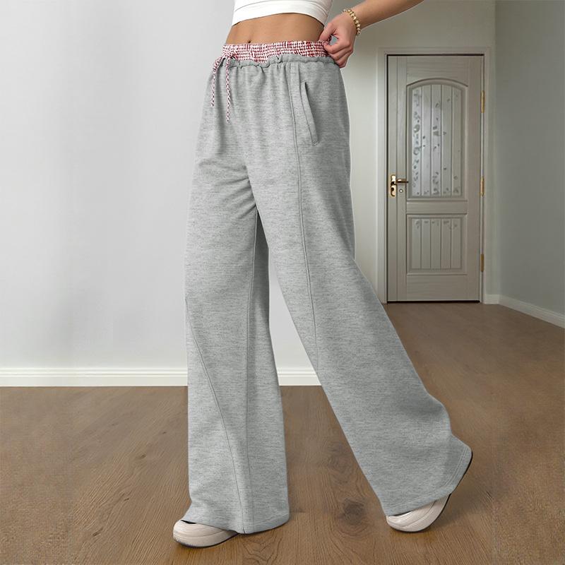 

Women s Gray Wide-leg Sweatpants with Gingham Elastic Waist Casual Lounge Pants S сірий