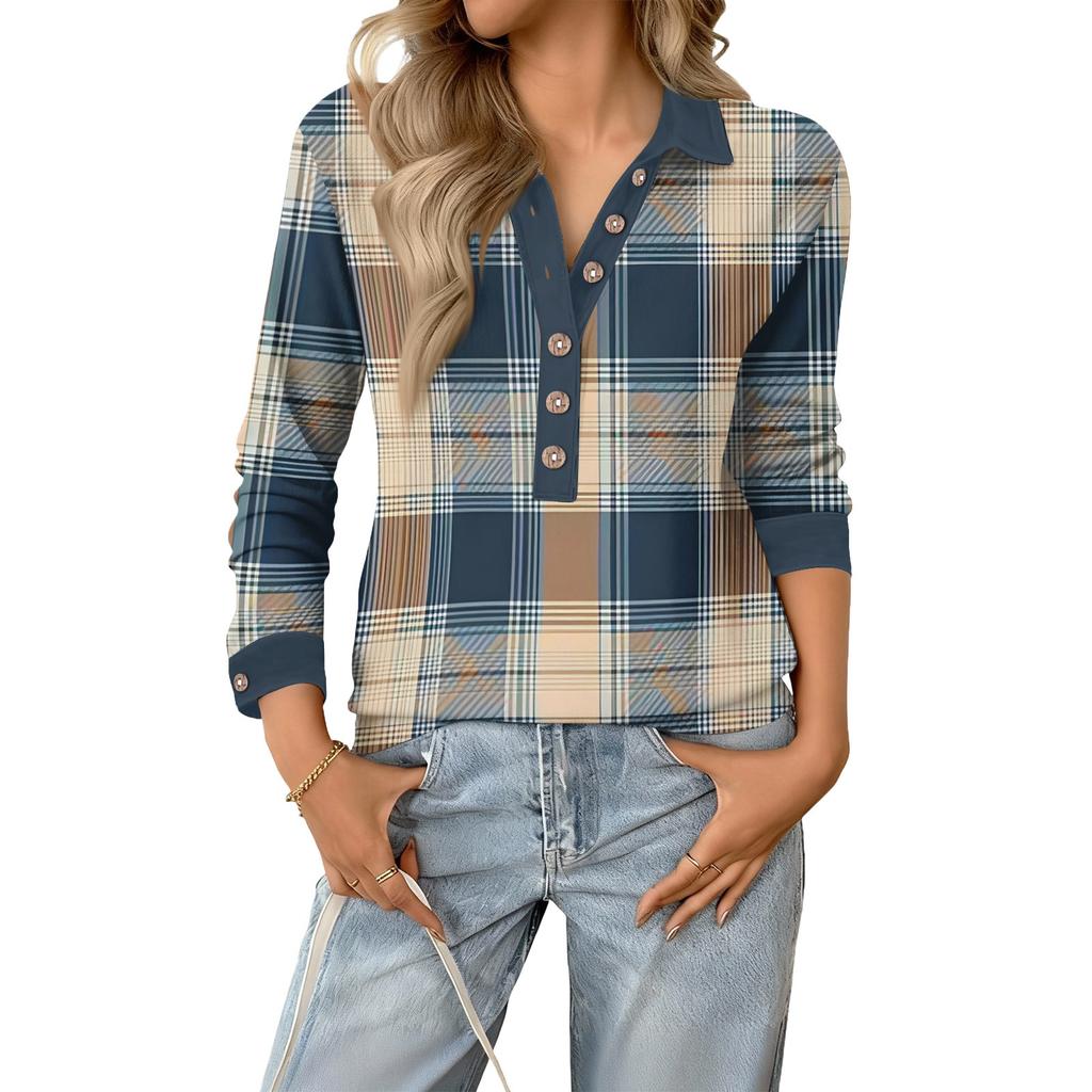 Women's Retro Street Lazy V,neck Long Sleeve Button Plaid Print Pullover Top