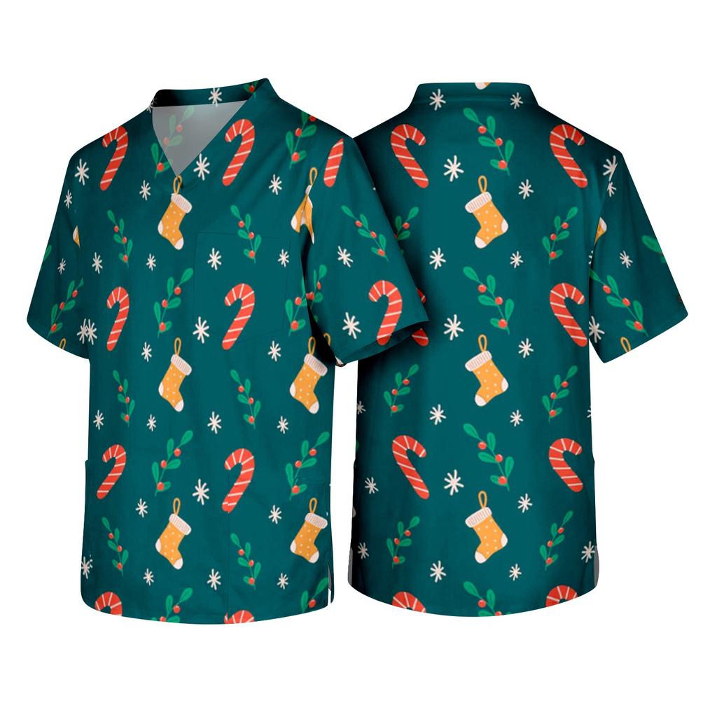Men's Christmas Theme Caregiver Uniform, Holiday Scrub Top for Nurses and Workers