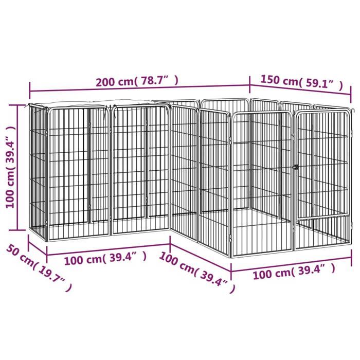 VidaXL Dog Playpen 14 Panels Black 50x100cm Powder-Coated Steel Enclosure 3115949
