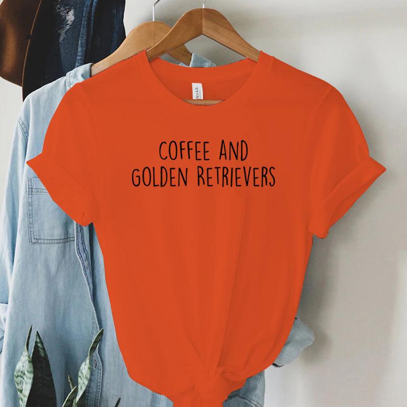 Coffee and Golden Retrievers Shirt Dog Lover Gift Tshirt Female Womens Clothing Round Neck Casual Tops Womens Clothing Sales