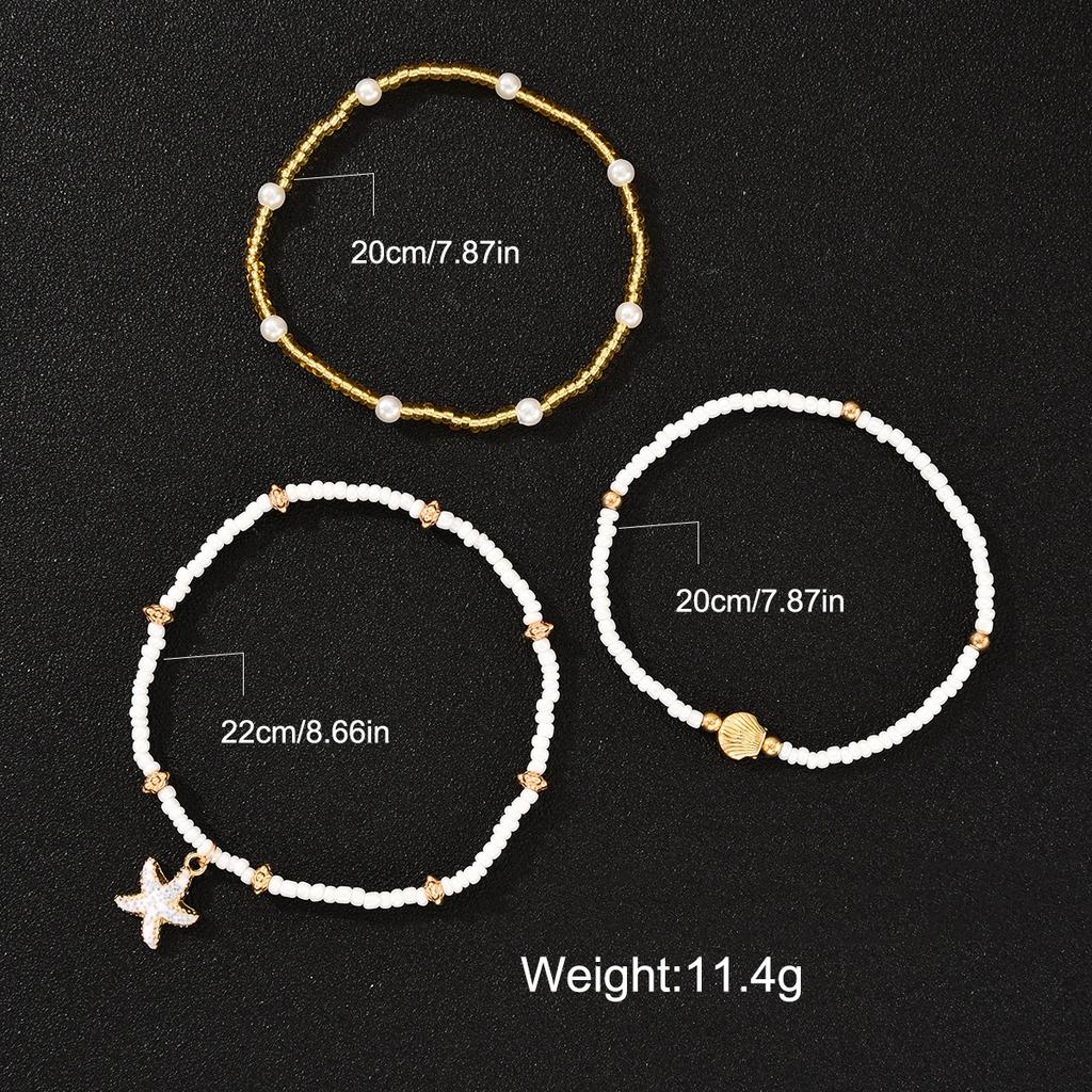 3Pcs/Set Bohemian Starfish Rice Beads Shell Anklet Set for Women Summer Gold White Color Multilayer Anklet Vacation Jewelry Gift
